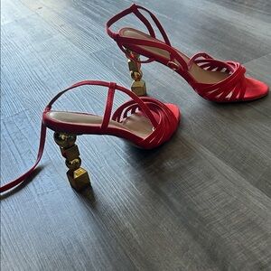 Shoe Dazzle Orange Strappy Heels with Gold Accents